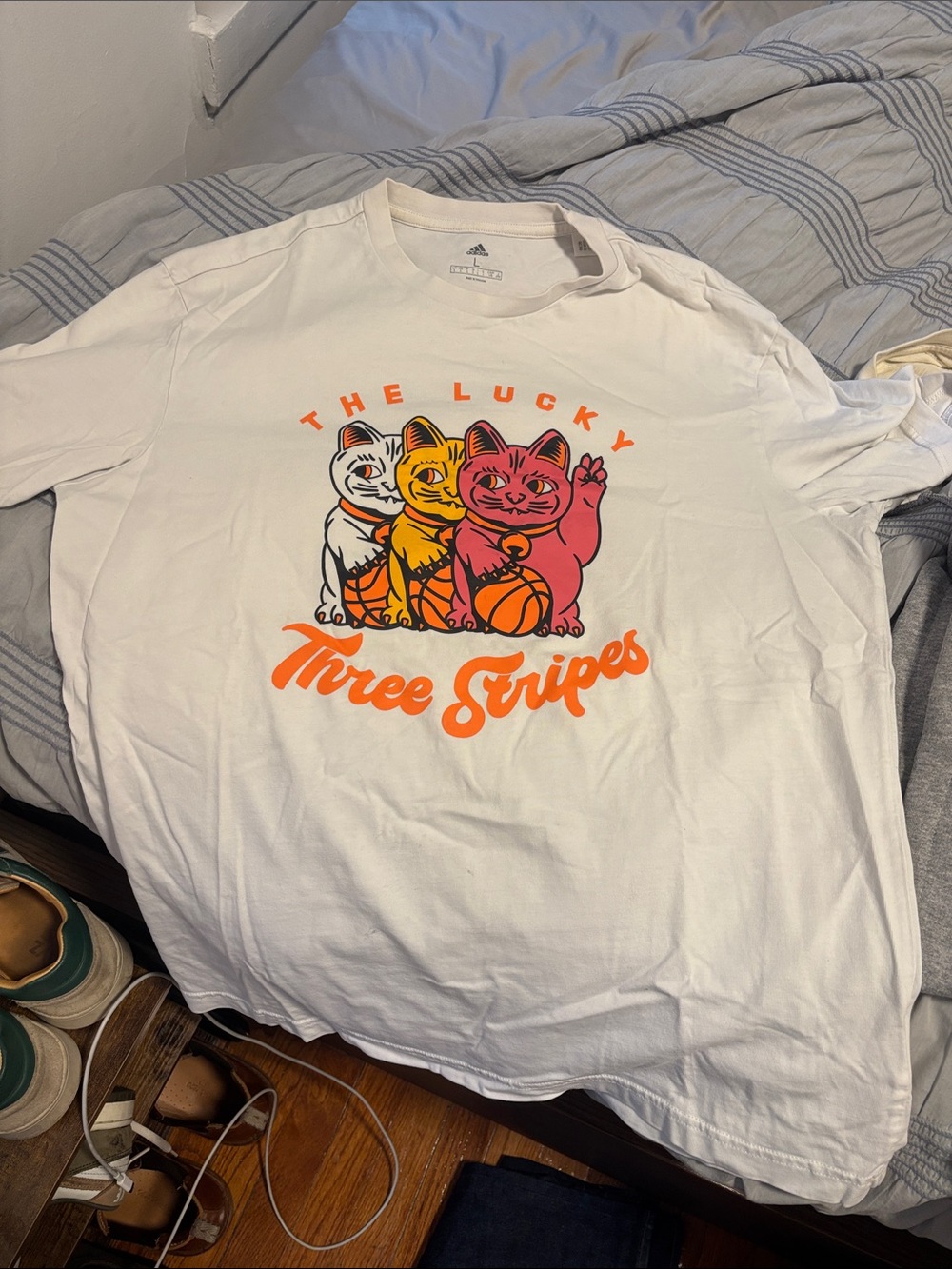 adidas White Graphic Tee with Orange, Pink & Yellow Lucky Cat Design